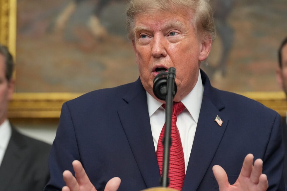 President Donald Trump speaks during a meeting with technology leaders in the Roosevelt Room of the White House, Wednesday