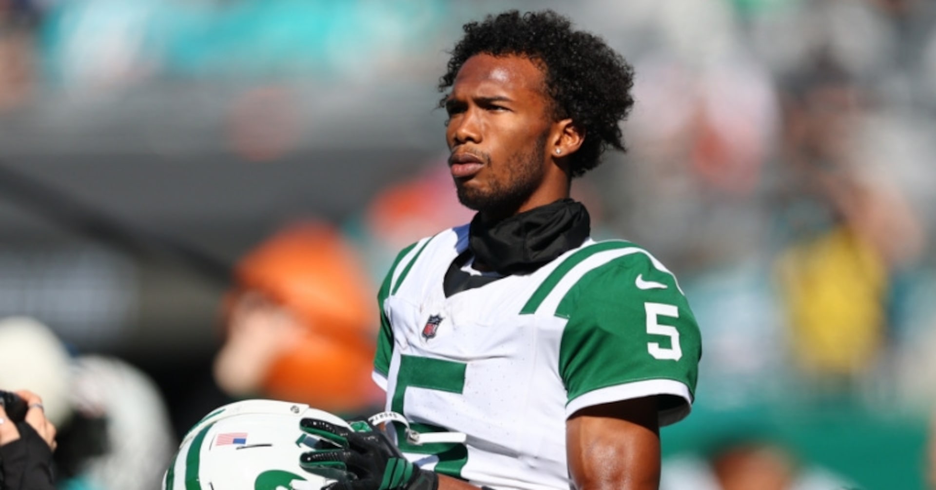 Oct 25, 2026; East Rutherford, New Jersey, USA; New York Jets wide receiver Garrett Wilson (5) looks on during warmups