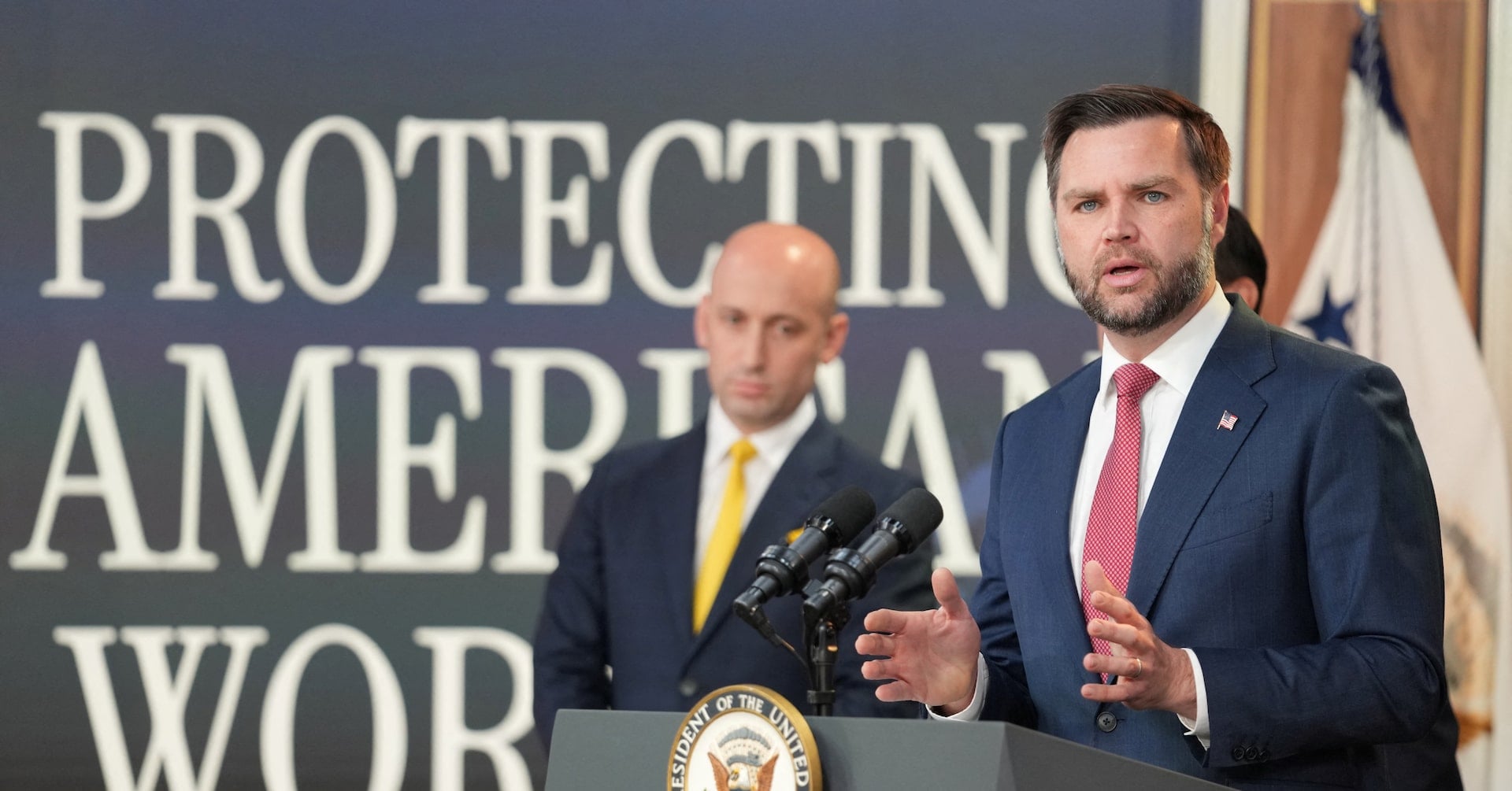 US Vice President JD Vance makes an H-1B fraud announcement during a press conference on anti-fraud initiatives in the
